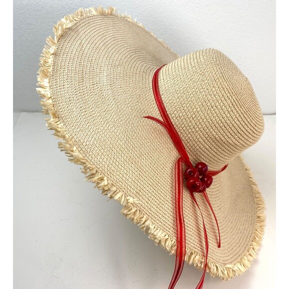Wide Brim Straw Grass Woven Sun Hat with Cherries Womans Beach Boho Peasant - Picture 2 of 13